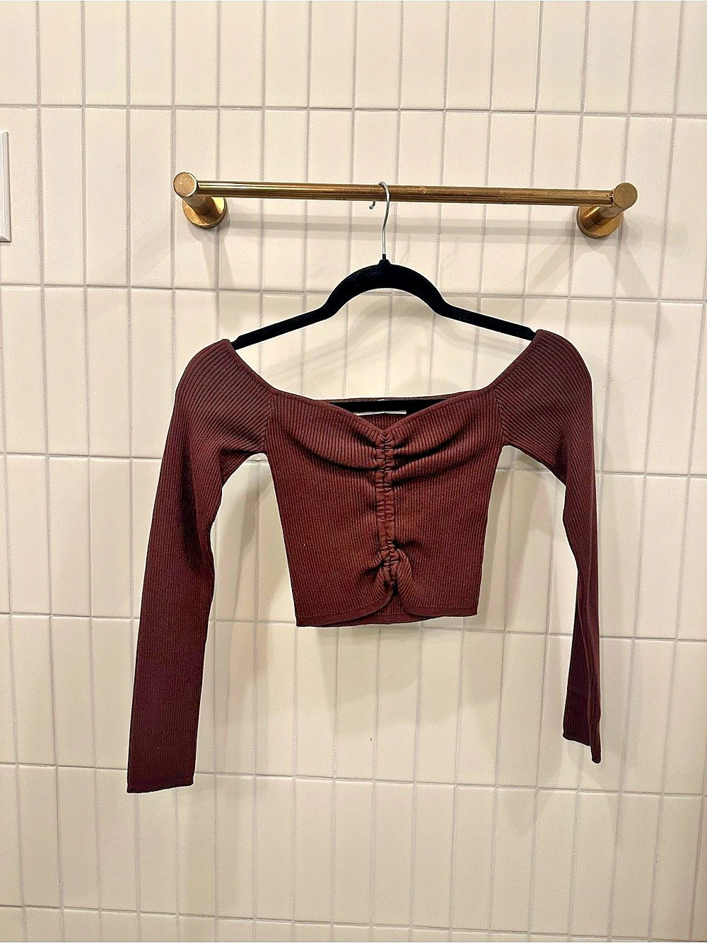 Zara Long Sleeve Ribbed Crop Top Size Medium (chocolate brown)